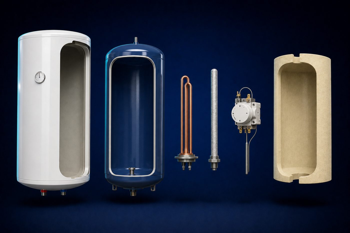 Electric Water Heaters, exploded into its main components