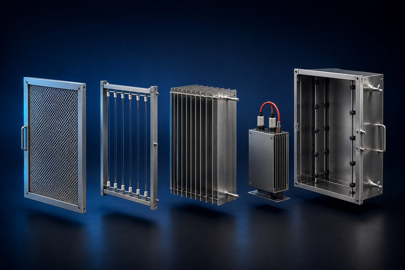 Electrostatic Filters, exploded into its main components