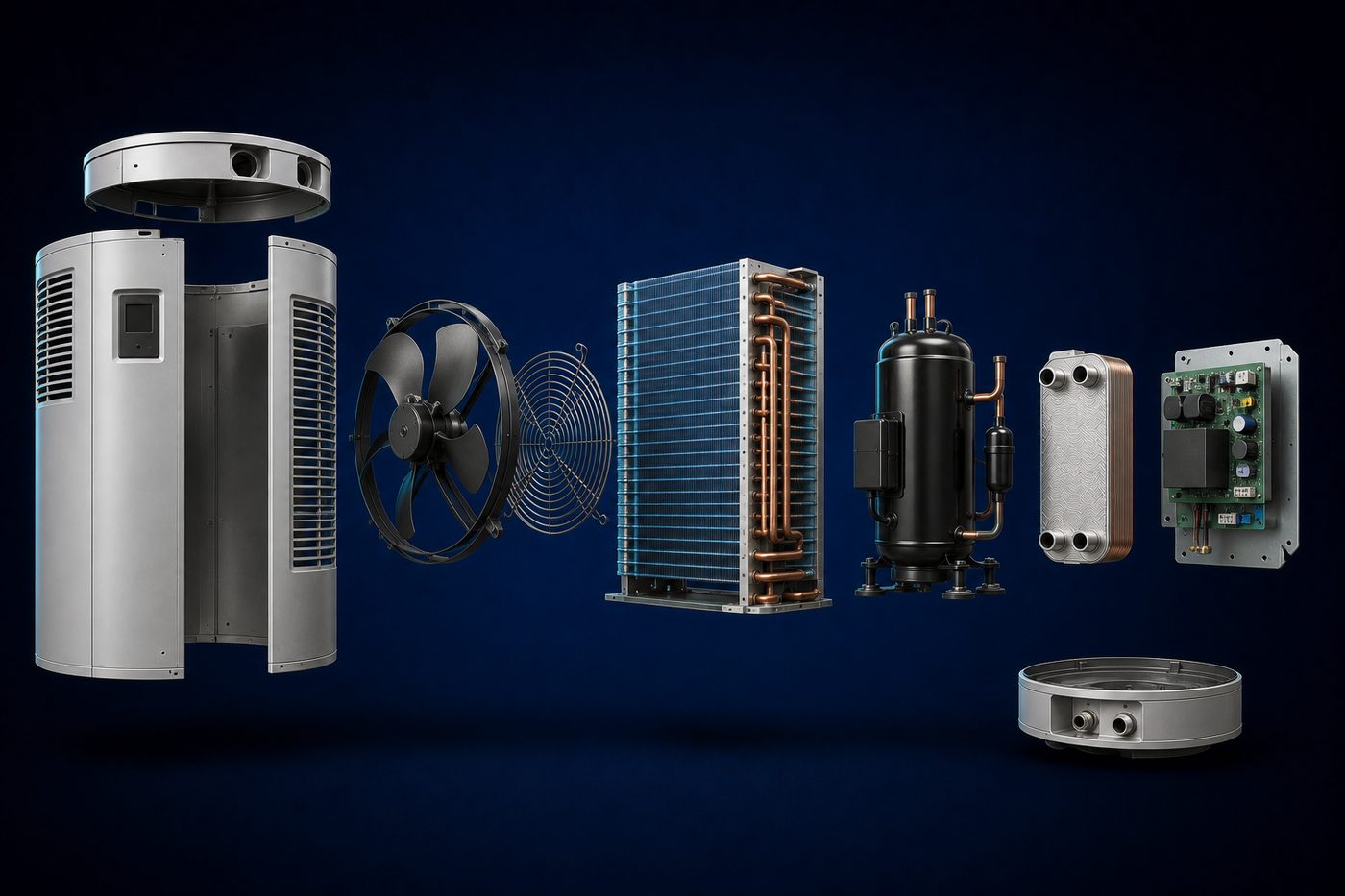Heat Pumps / Water Chillers, exploded into its main components
