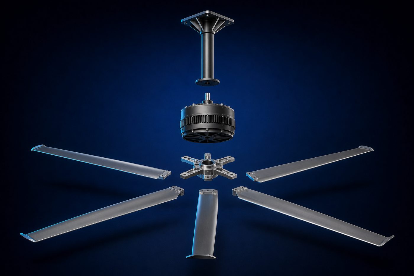 HVLS Fans, exploded into its main components
