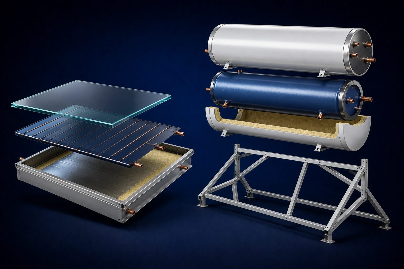 Solar Hot Water Systems, exploded into its main components